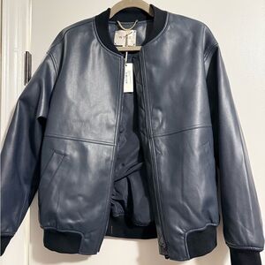 NWT WYSE LONDON Navy Faux Leather Bomber Jacket